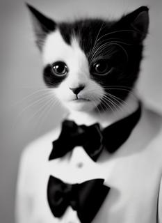a black and white medium format 85mm portrait photograph of a kitten wearing a tuxedo on his way to a funeral, The photo is high quality and highly detailed with the kitten's features clearly visible, photographer Edward Weston used Agfa Isopan ISO 25 film to create this image, this image resembles Edward Weston's photograph Pepper No. 35 -s75 -W512 -H704 -C7.5 -Ak_euler_a -S3185101922
